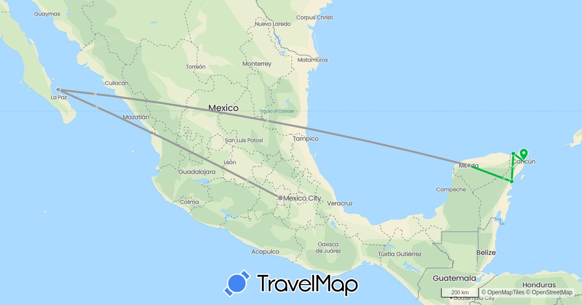 TravelMap itinerary: bus, plane in Mexico (North America)