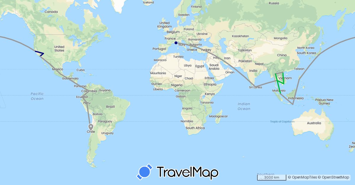 TravelMap itinerary: driving, bus, plane in Chile, Colombia, Costa Rica, Ecuador, France, Indonesia, Japan, Cambodia, Sri Lanka, Mexico, Peru, Philippines, Singapore, Thailand, United States, Vietnam (Asia, Europe, North America, South America)