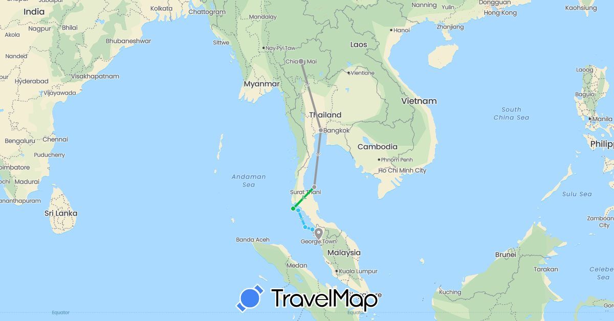 TravelMap itinerary: driving, bus, plane, boat in Malaysia, Thailand (Asia)
